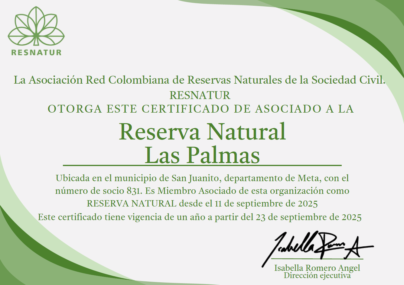 Certificado de asociación de Reserva Las Palmas a RESNATUR